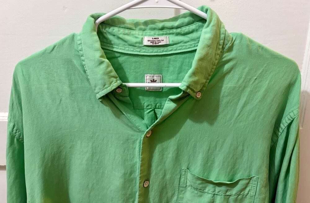 O-15 Peter Millar Shirt Large Green Linen Silk Long Sleeve Chambray